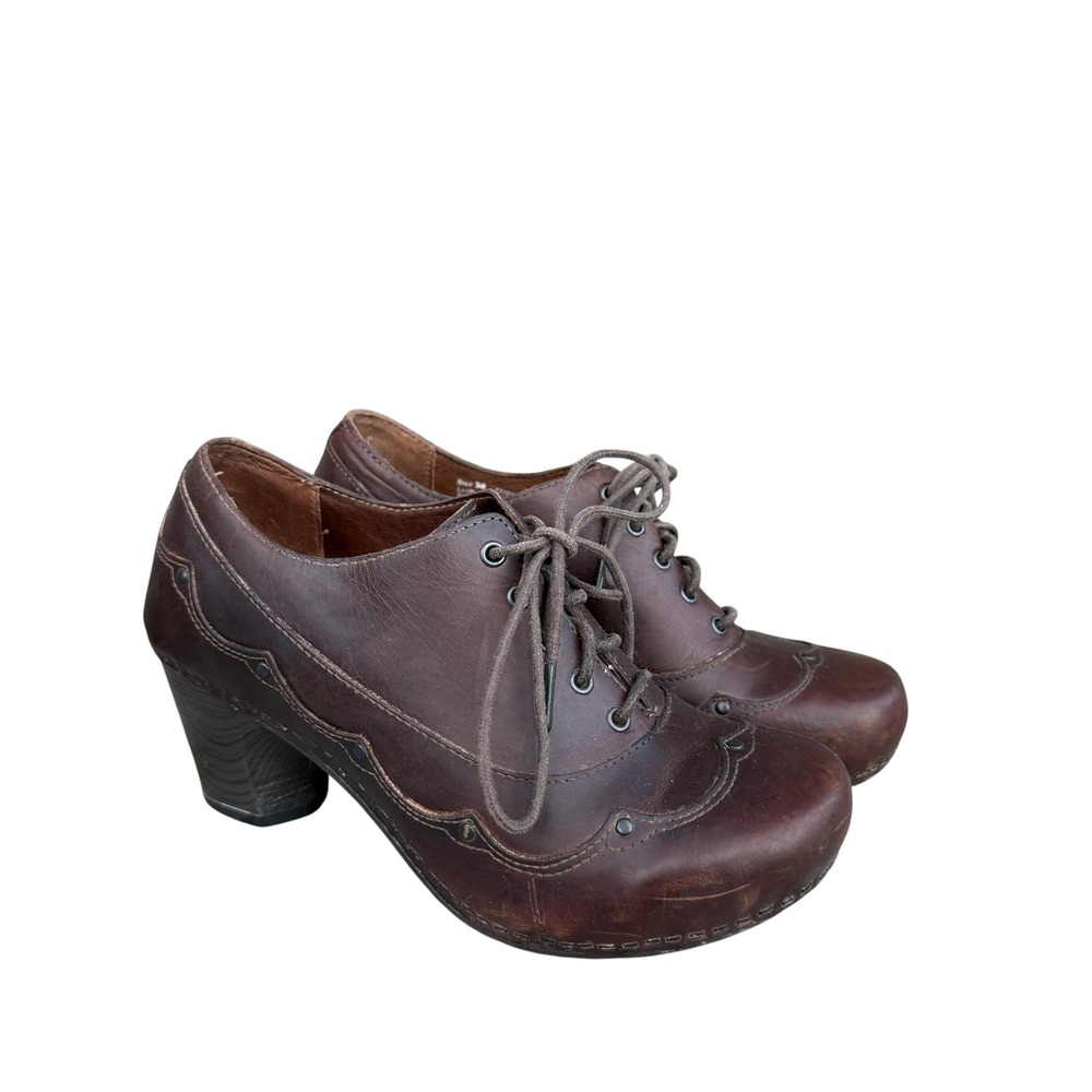 Dansko Brown Leather Lace Up Oxford Heeled Clogs Size 38